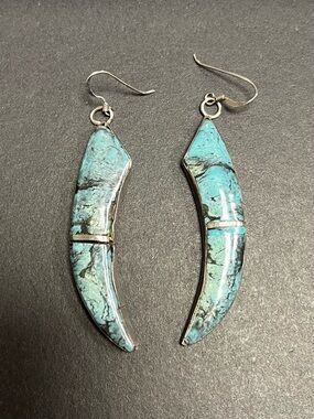Gorgeous Turquoise Inlay Sterling 6mm Crescent Drop Earrings - Blue Stone Hooks